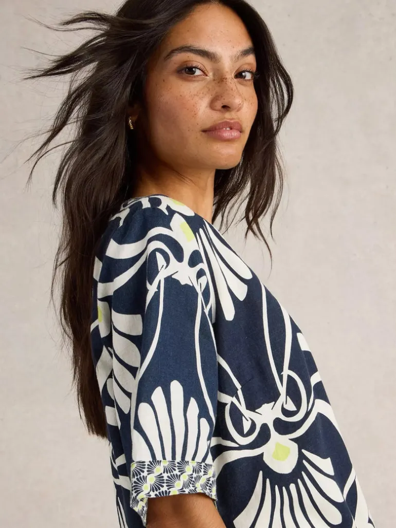 White Stuff Ash Linen Blend Top Navy Print