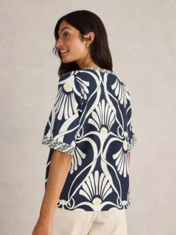 White Stuff Ash Linen Blend Top Navy Print