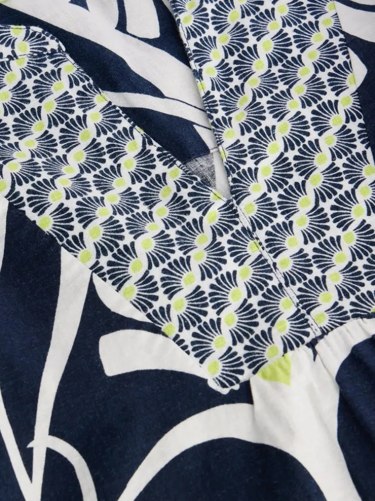 White Stuff Ash Linen Blend Top Navy Print