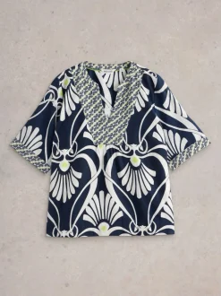White Stuff Ash Linen Blend Top Navy Print