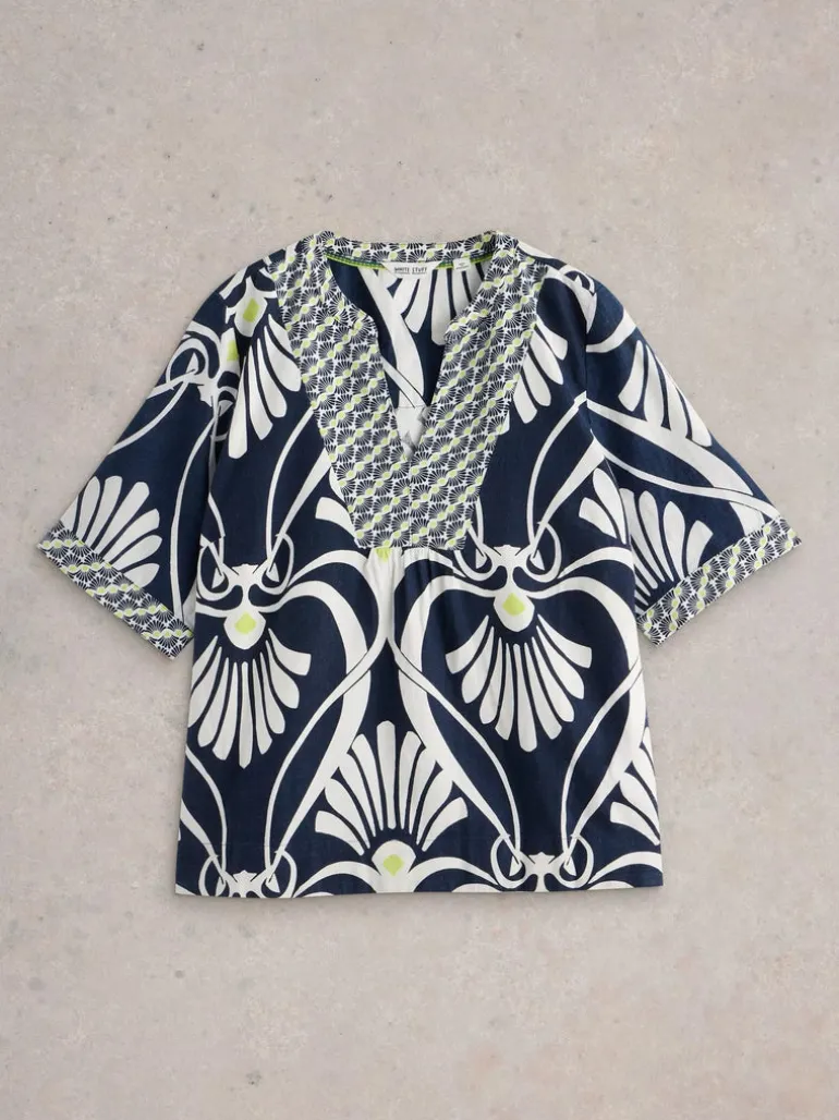 White Stuff Ash Linen Blend Top Navy Print
