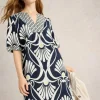 White Stuff Ash Linen Dress Navy Print