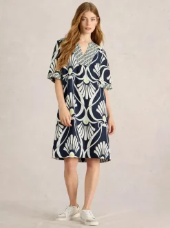 White Stuff Ash Linen Dress Navy Print