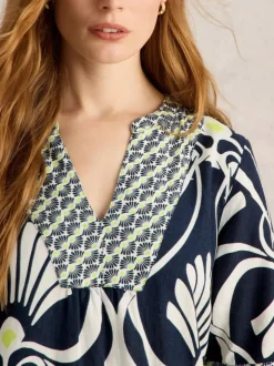 White Stuff Ash Linen Dress Navy Print