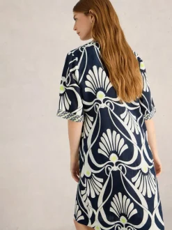 White Stuff Ash Linen Dress Navy Print