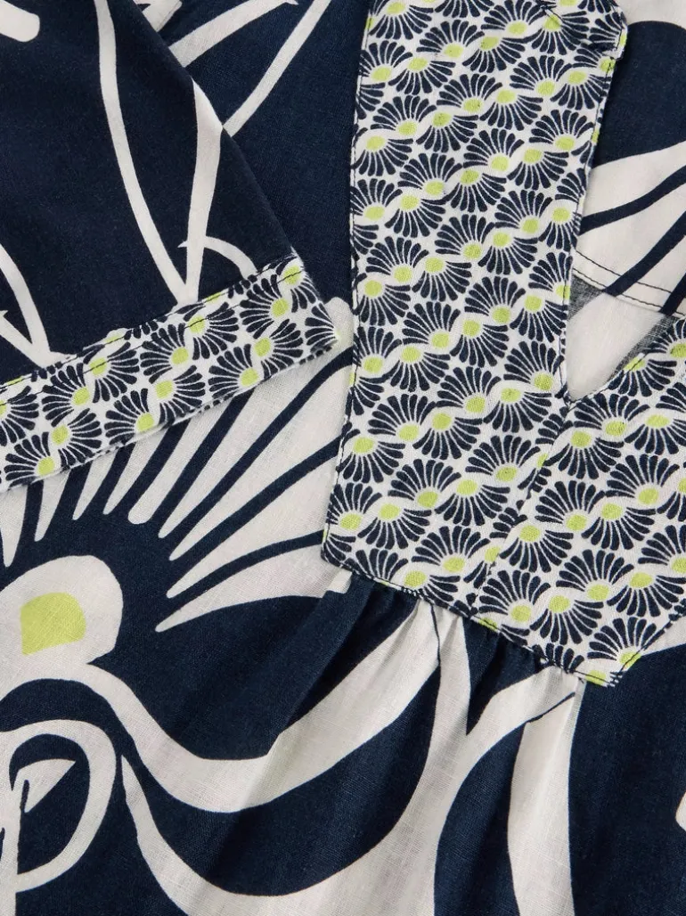 White Stuff Ash Linen Dress Navy Print