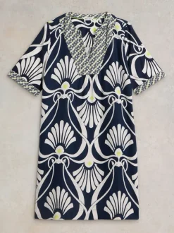 White Stuff Ash Linen Dress Navy Print