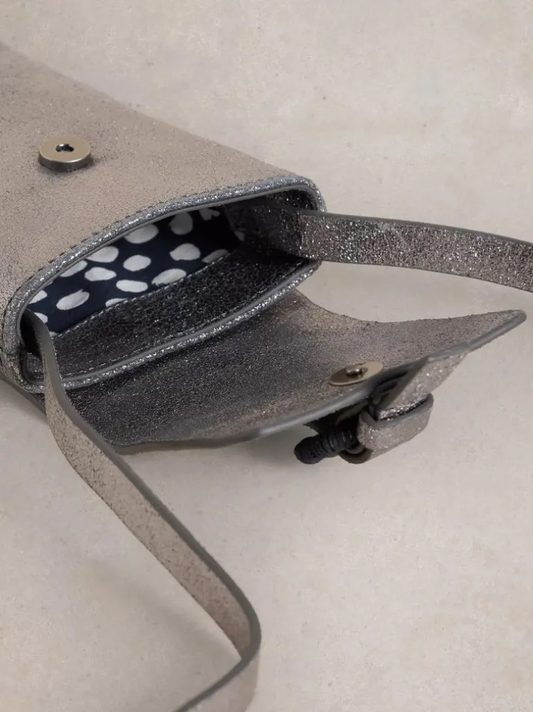 White Stuff Clara Buckle Leather Phone Bag Pewter Metallic