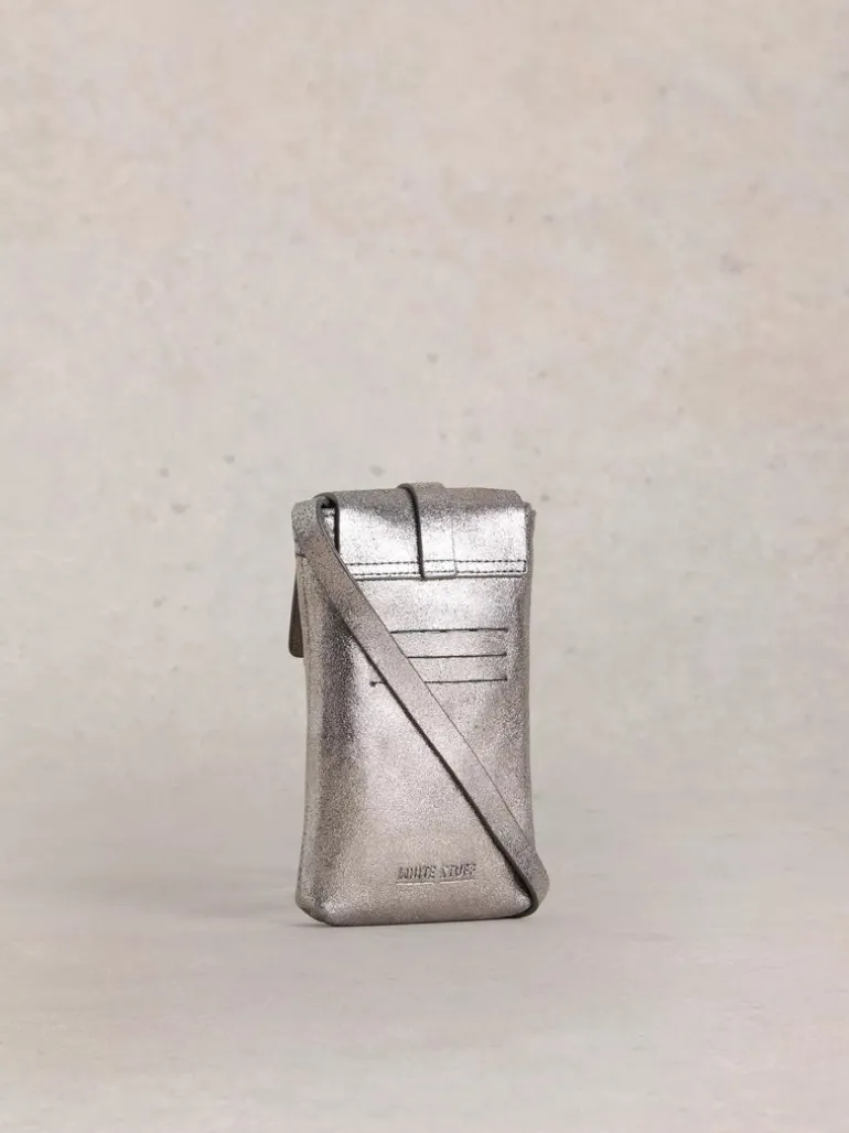 White Stuff Clara Buckle Leather Phone Bag Pewter Metallic