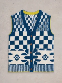 White Stuff Geo Mix Button Knit Tank Blue