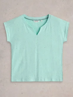 White Stuff Nelly NEP Notch Neck Tee Bright Teal Blue