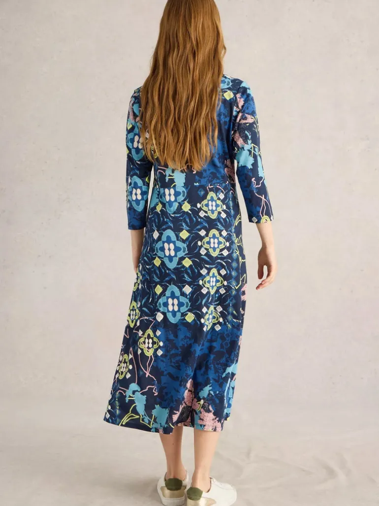 White Stuff Rua Jersey Shirt Dress Blue Print