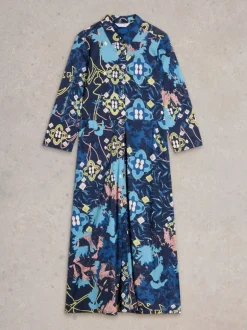 White Stuff Rua Jersey Shirt Dress Blue Print