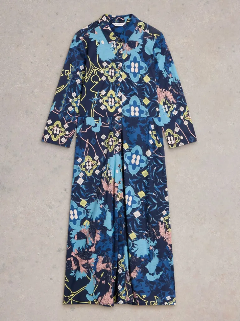 White Stuff Rua Jersey Shirt Dress Blue Print