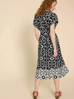 White Stuff Sophie Linen Blend Wrap Dress Black Print