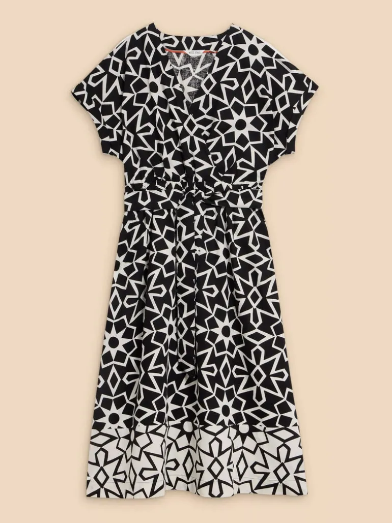 White Stuff Sophie Linen Blend Wrap Dress Black Print